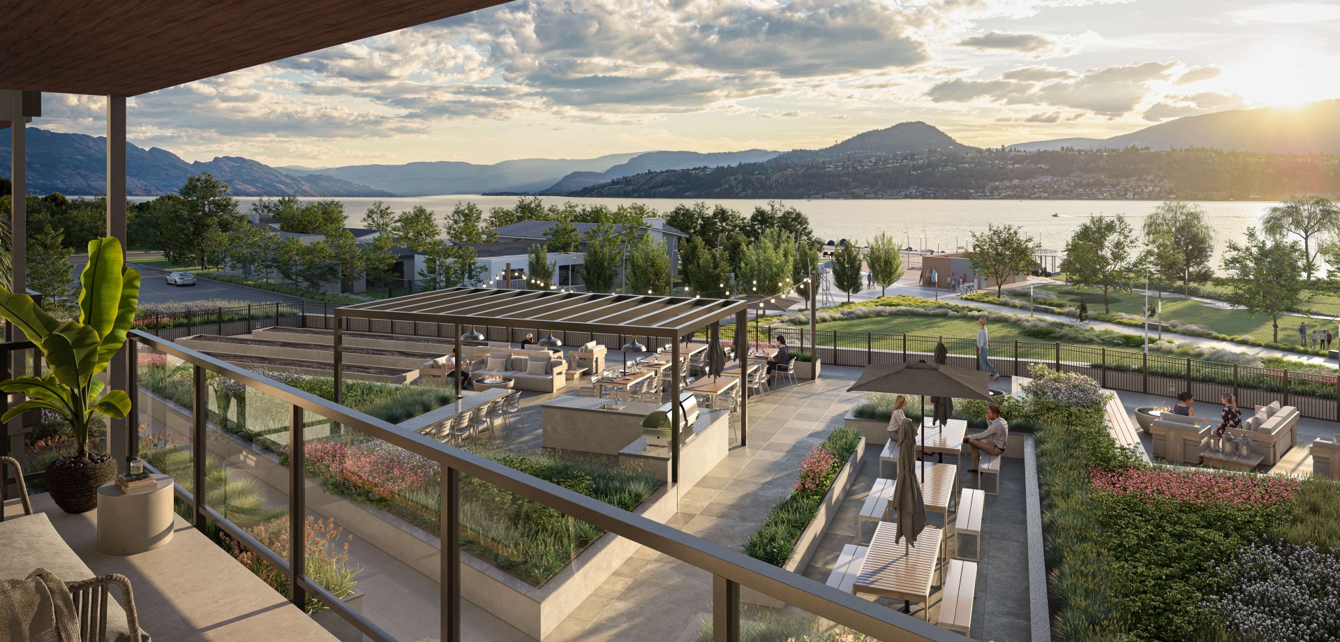 Alma on Abbot apartment on the 3rd floor showing its private patio; private patio of an apartment in Kelowna facing the city sky and ocean