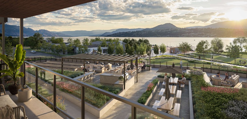 Alma on Abbot apartment on the 3rd floor showing its private patio; private patio of an apartment in Kelowna facing the city sky and ocean